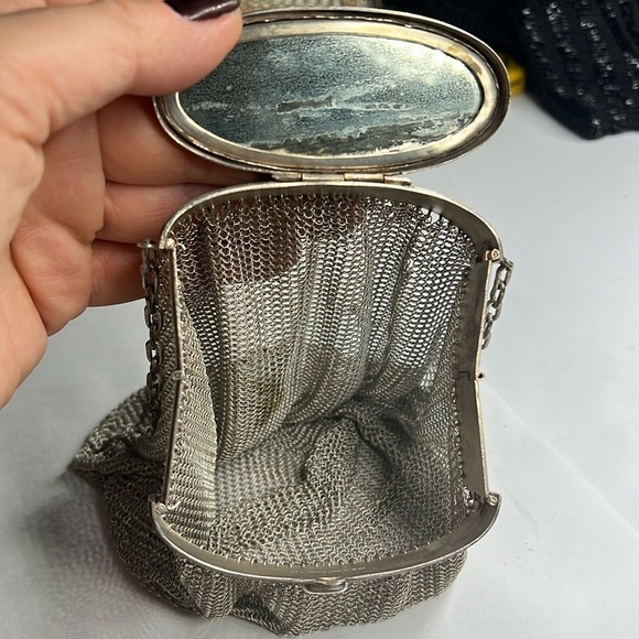 Antique Sterling Silver 925 Chain Mesh Expandable Top Snap Mirror Bag Super Rare - Picture 4 of 16